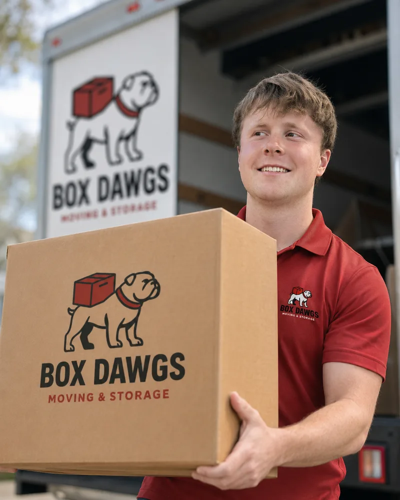 Box Dawgs crew member with a branded box
